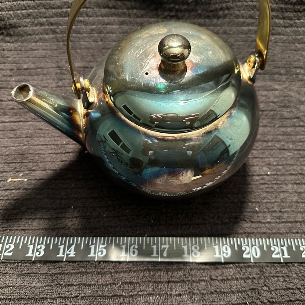 Source Unknown Iridescent Blue-Gray Stainless Steel Teapot with Gold Handle